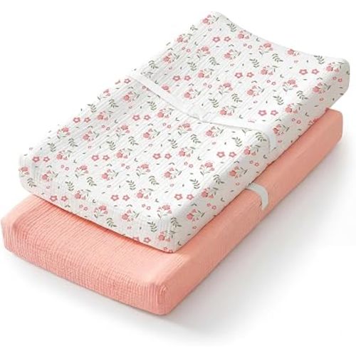 Changing Pad Cover Waterproof 2-Pack for Baby Girl, Soft Breathable Cotton Fitted Diaper Changing Table Covers, Fit Standard 32"x16" Contoured Pad, Pink Floral