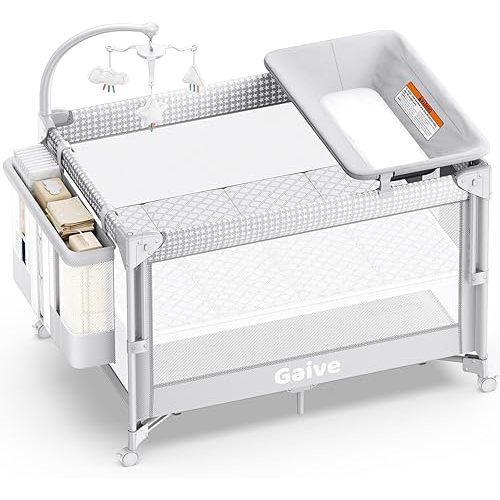 4 in 1 Baby Bassinet, One-Push Setup Pack and Play, Bedside Crib Sleeper with 3 Height Adjustable，Diaper Changer, Come with Comfy Mattress, Rotating Toy Bar, from Infants to Toddlers (Grey)