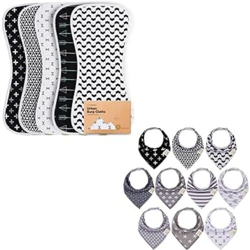 KeaBabies Organic Burp Cloths Bundle and Organic Baby Bandana Drool Bib - 5 Pack Ultra Absorbent Burping Cloth (MONOS) - Super Absorbent Bandana Drool Bibs (MONOS)