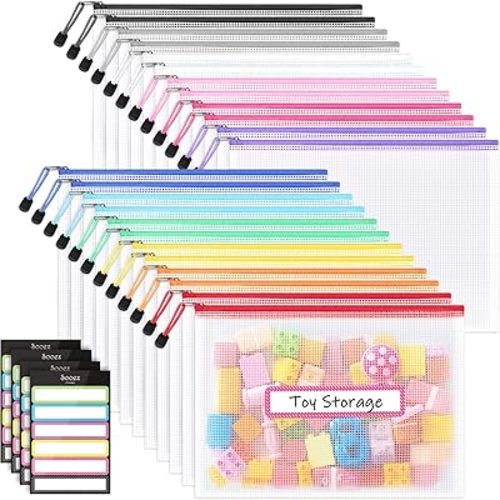 Sooez 24 Pack Mesh Zipper Pouch with Sticky Labels, A4 Mesh Bags, Toy Storage Board Game Puzzles Organization, Sturdy Letter Size File Folders Organizer for Teacher School Classroom Office Supplies