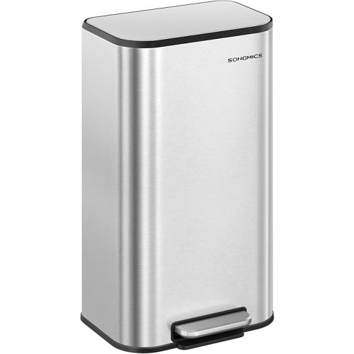 SONGMICS Kitchen Trash Can, 8-Gallon (30 L) Garbage Can with Lid, Stainless Steel, Soft Close and Stays Open, Inner Bucket, Wide Non-Slip Pedal, Cloud White ULTB546W01