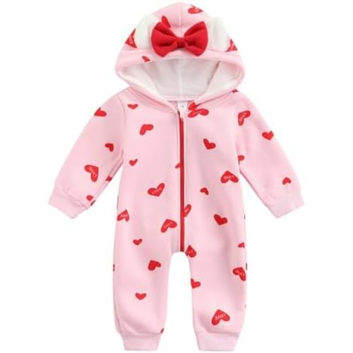 Newborn Baby Girl Hooded Jumpsuit Heart Cow Zip Up Long Sleeve Infant One Piece Romper Snowsuit Valentines Outfit