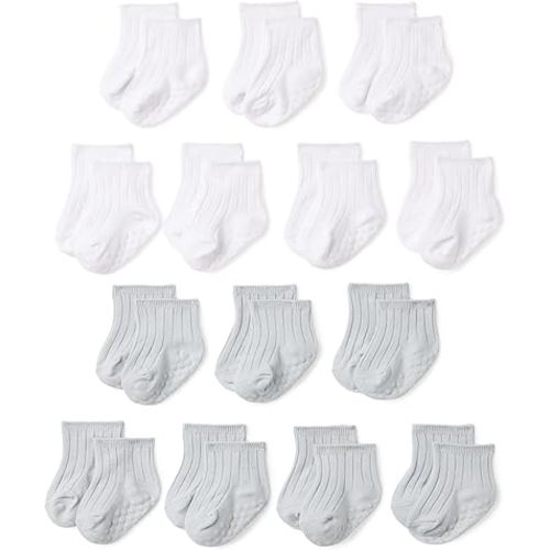 Amazon Essentials Unisex Babies' Non Slip Grip Ribbed Ankle Socks, 14 Pairs