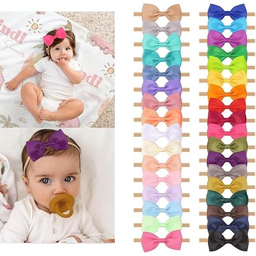 XIMA Baby Girls Headbands with Hair Bows,Solid Ribbon Bows with Elastic Nylon Head Bands Hair Accessories for Infants Preemie and Newborn Kids Pack of 34
