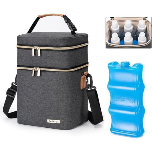Breastmilk Cooler Bag with Ice Pack Fits 6 Baby Bottles Up to 9 Ounce, Double Deck Leak-Proof Baby Bottles Bag with Shoulder Strap for Nursing & Working Mom,