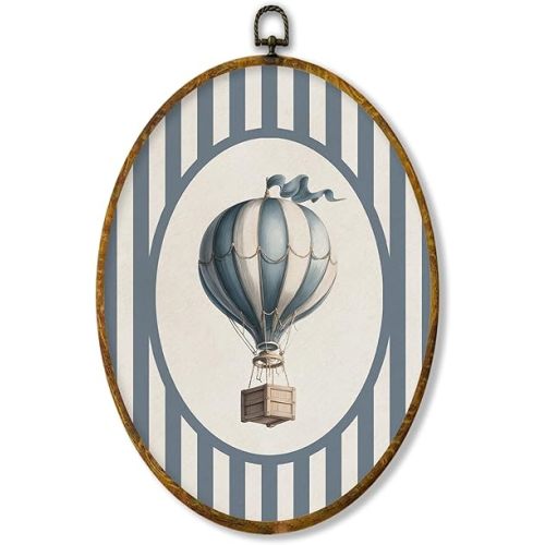 XPH Hot Air Balloon Boy Nursery Oval Wall Art Framed, Kids Room Oval Wall Decor Accents, Blue Striped Balloon Hanging Canvas Prints for Home Kids Boy Room Playroom Bedroom Decoration, 8.6x11.4 Inch