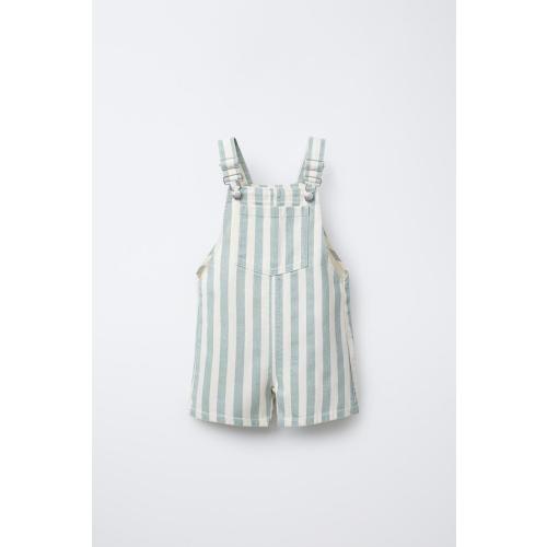 STRIPED TWILL OVERALL SHORTS - Ecru / Blue | ZARA United States