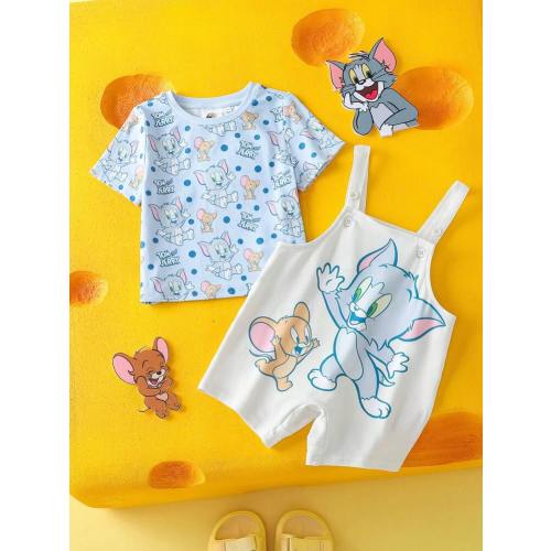 TOM & JERRY X SHEIN Baby Boy Cartoon Pattern Blue Cute & Funny Short Sleeve T-Shirt And Cute Bib Overalls Set | SHEIN USA