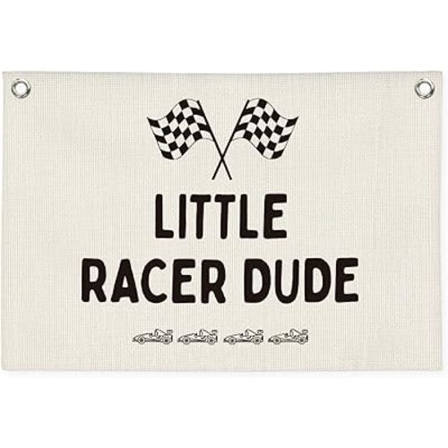 Playroom Decor,Little Racer Dude Canvas Banner,Race Car Room Decor for Boys,Cars Bedroom Decor,Toddler Boy Wall Hanging for Bedroom or Playroom, 30x20 Inch