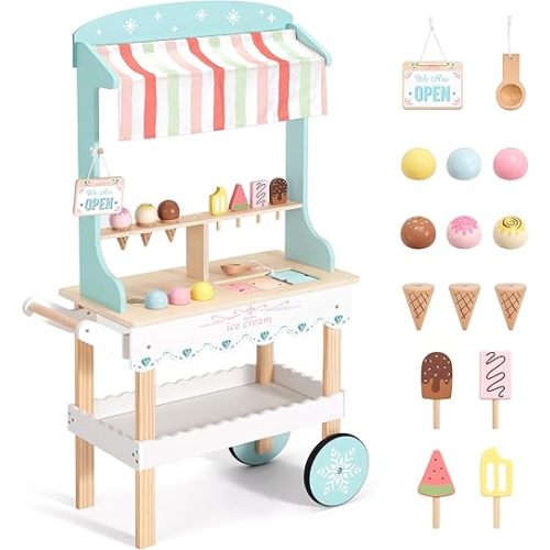 PairPear Large Wooden Ice Cream & Grocery Cart, 2 in 1 Pretend Play Ice Cream Truck Market Stand with 15 Play Food Pieces, Rolling Food Truck Toy for Kids Ages 3+