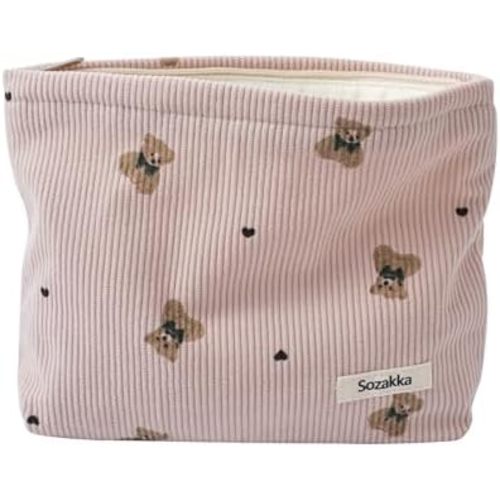Cute Small Soft Corduroy Zipper Makeup Bag for Purse, Coquette Aesthetic Pouch with Bear Pattern for Women Girls, Kawaii Travel Cosmetic Bags(01Pink)
