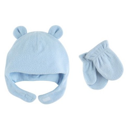 Luvable Friends Baby Boys Beary Cozy Hat and Mitten Set 2pc, Light Blue, 0-6 Months