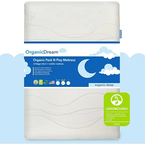 Organic Dream Pack and Play Mattress I [Dual-Sided] I Firm Infant Side + Memory Foam Toddler Side I Plush 100% Organic Cover I Fits Most Pack N Play Playpens and Playards