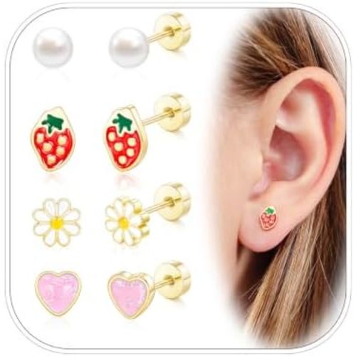 Hypoallergenic Earrings for Girls, Cute Toddler Earrings Kids Baby Flatback Screw Back Earrings 14k Real Gold Plated Small Pearl Flower Pink Heart Strawberry Surgical Steel Stud Earrings Set