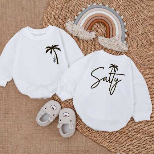 Personalized Palm Tree Romper Sweatshirt, Custom Tropical Baby Beach Outfit, Coastal Baby Bodysuit, Summer Salty Baby Shower Gift Idea