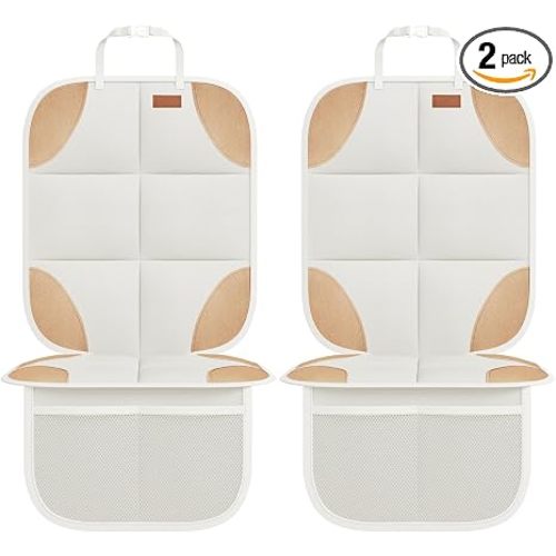 SMART ELF Car Seat Protector, 2Pack Seat Protector Protect Child Seats with Thickest Padding and Non-Slip Backing Mesh Pockets for Baby and Pet,Sedan SUV Truck (Beige Brown)