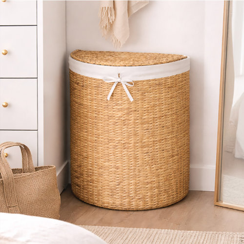 Half Moon Laundry Hamper W/ Lid, Half Round Laundry Basket, W/ Removable Liner & Handles - Chestnut | Wayfair