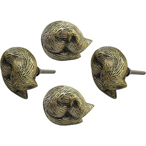 Perilla Home Set of 4 Antique Knobs - Decorative Sleeping Fox - Iron Artistic Designer Handles - for Cabinet Hardware Pulls, Interior, Cupboard, Dresser, Wardrobe and Drawer