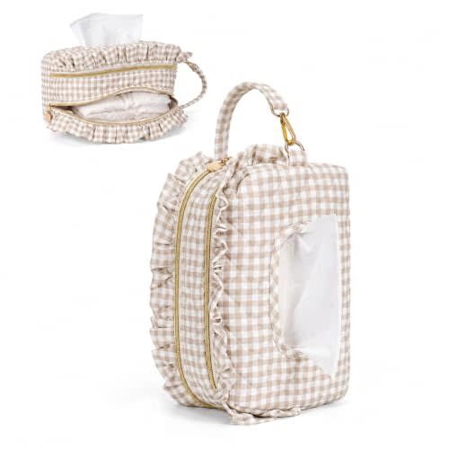 Double-Layer Wipe Holder Quilted Wipes Bag Small Hanging Diaper Bag Portable Wipe Pouch for Stroller, Home, Travel (Brown Plaid)