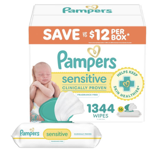 Pampers Baby Wipes, Sensitive, Water Based Wipe, Clinically Proven, Hypoallergenic, and Unscented for Babies, 1344 Wipes Total (16 Flip-Top Packs) [Packaging May Vary]