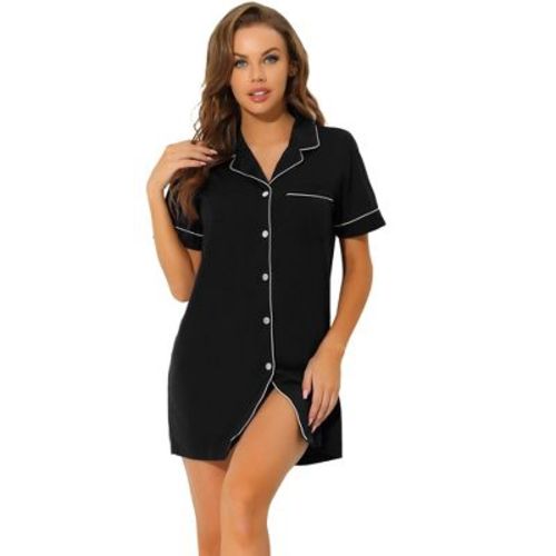 cheibear Women's Notched Collar Thigh Length Button Down Pajama Shirt Dress with Pocket Large Black