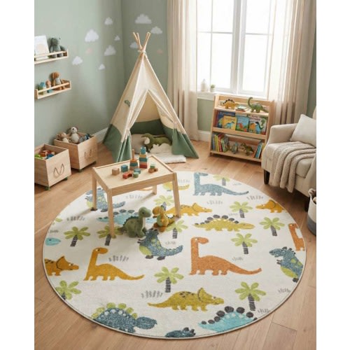 Ivory 185cm x 185cm Dinosaur Whimsy Kids Round Rug | AU Rugs