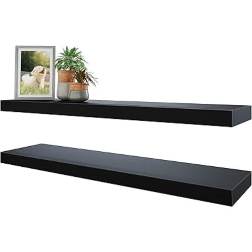 BAMEOS Floating Shelves, 31W x 8D Black Wall Mounted Wooden Shelves with Invisible Brackets Set of 2, Hanging Wall Shelves Decoration for Bedroom, Bathroom, Living Room and Kitchen
