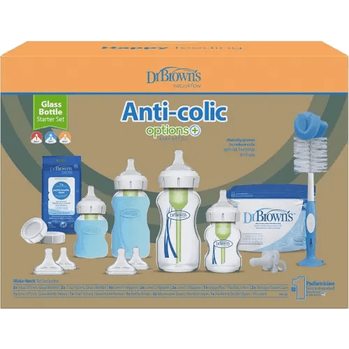 Dr. Brown's Natural Flow Anti-Colic Options+ Wide-Neck Glass Baby Bottle Starter Set with 100% Silicone Glass Bottle Sleeves, Baby Bottle Brush, Prevent Pacifier and Pacifier and Bottle Wipes