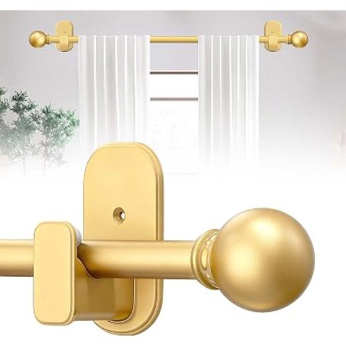TKZTKZ Curtain Rods No Drilling for Windows 32 to 60 Inch:No Drill Small Gold Curtain Rod with Adhesive Brackets for Bedroom,5/8" Apartment Renter Friendly Adjustable Drapery Rods Easy Install