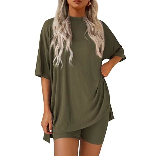 PRETTYGARDEN Women 2 Piece Lounge Set 2026 Summer Casual Oversized Shirts Biker Shorts Matching Airport Travel Outfit Clothes