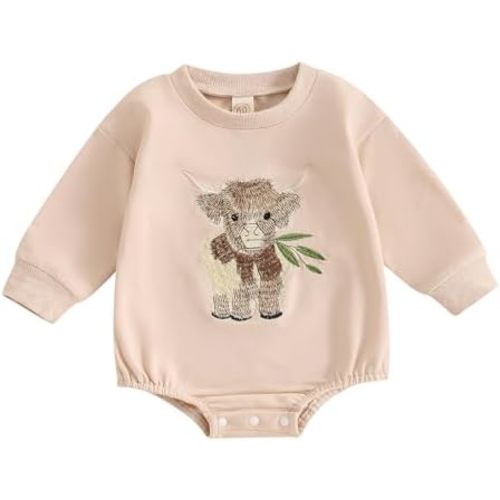 Newborn Baby Boy Girl Western Clothes Cow Embroidery Sweatshirt Romper Oversized Bubble Romper Long Sleeve Outfit