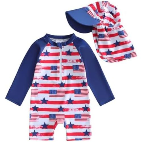 KMBANGI Toddler Baby Boy 4th of July Swimsuit Long Sleeve American Flag Rash Guard One Piece Bathing Suit Patriotic Swimwear
