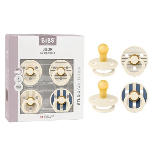 BIBS Studio Pacifier 4-Pack, BPA Free Pacifiers, Round Nipple. Natural Rubber Latex, Made in Denmark, Size 1 (0-6 Months), Ivory