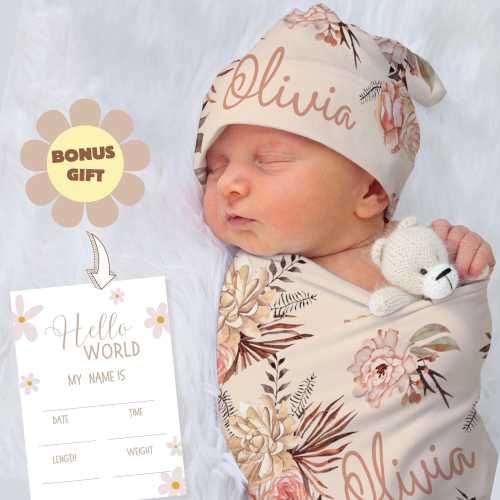 Boho Floral Baby Girl Swaddle, Hat & Headband - Bonus gift NAME ANNOUNCEMENT CARD - Personalized Newborn Baby Girl Coming Home Outfit