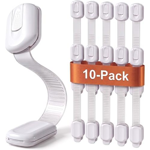 Child Safety Strap Locks (10 Pack) Baby Locks for Cabinets and Drawers, Toilet, Fridge & More. 3M Adhesive Pads. Easy Installation, No Drilling Required, White