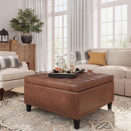 Faux Leather Lift-Top Coffee Table Ottoman, Large Upholstered Footrest Stool Toy Box Storage