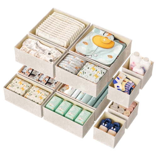 Drawer Organizer for Baby Clothes, Linen Fabric Nursery Organizer for Baby Diaper, Collapsible Deep Fabric Drawer Organizer with Zipper for Socks, Bra, Towels, Ties