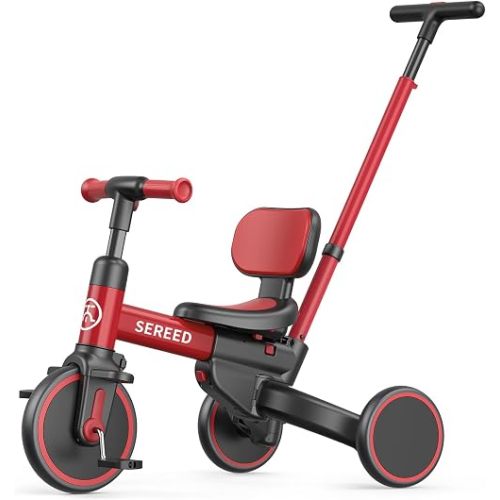 SEREED 5-in-1 Toddler Tricycle for 1-4 Year Old Boys Girls, Parent Steering Detachable Push Handle Trike, Balance Bike with Backrest & Removable Pedals, Birthday Gift Toy for Kids Ages 1+,Red