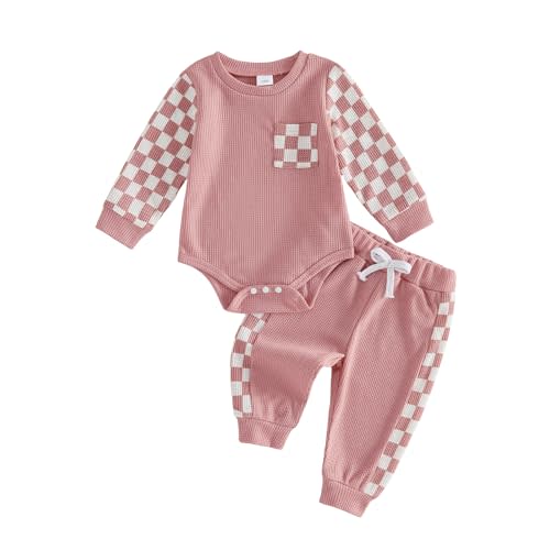 Newborn Baby Boy Girl Clothes Checkered Plaid Long Sleeve Waffle Knit Romper Pants Set 2 Piece Fall Winter Outfits
