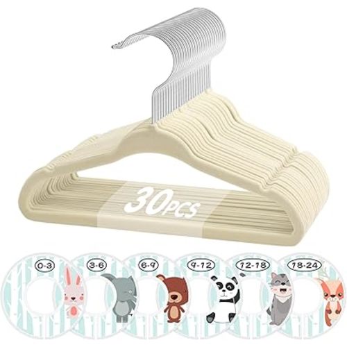 VIS'V Baby Hangers, 11 Inch Velvet Kids Hangers with 6 Pcs Clothes Size Dividers, Infant Toddler Nursery Closet Organization, Non Slip, Beige, 30 Pcs