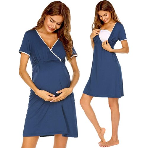 Ekouaer Women 3 in 1 Delivery/Labor/Maternity/Nursing Nightgown Short Sleeve Pleated Breastfeeding Sleep Dress(S-XXL)