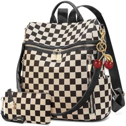 Checkered Backpack Purse - Checkered Bags for Women Plaid Backpack Handbags Back Pack Purse for Work (Black)