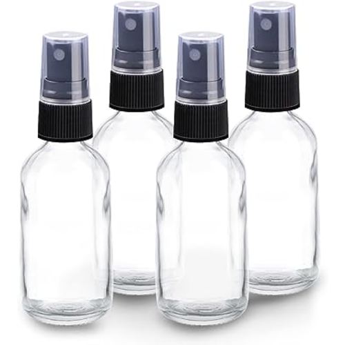 Wedama 4 oz Mini Glass Spray Bottles, Empty Small Spray Bottles with Funnel Dropper, Fine Mist for Hair, Travel, Plants, Cleaning Solutions and Skin Care (4 Pack Clear)