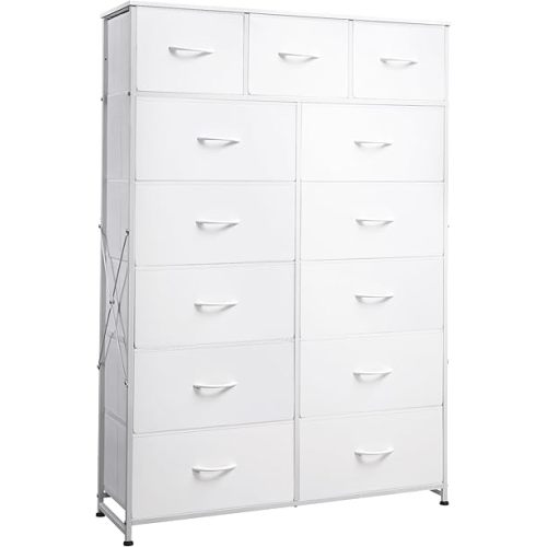 WLIVE Tall Dresser for Bedroom with 13 Drawers, Storage Dresser Organizer Unit, Fabric Dresser for Bedroom, Closet, Chest of Drawers with Fabric Bins, Steel Frame, Wood Top, White
