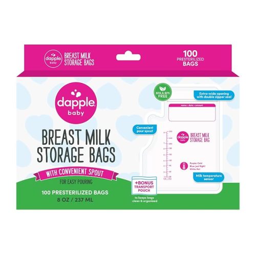 Dapple Breast Milk Storage Bags with East Pour Spout, Leakproof Double Zipper, BPA-Free, Pre-Sterilized, Temperature Sensor, Freezer-Safe, Pump Directly Into Bag, 8oz, 100ct