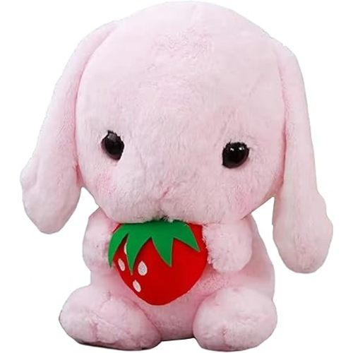 HOUPU Soft Toy - Sitting Lop Eared Rabbit, Easter White Rabbit Stuffed Bunny Animal with Carrot Soft Lovely Realistic Long-Eared Standing Pink Plush Toys (Pink-Strawberry,8.6in/22cm)