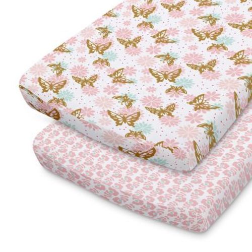 The Peanutshell™ 2-Pack Butterfly/Floral Changing Pad Covers in Pink/Gold - PINK/GOLD - CHANGING PAD COVER