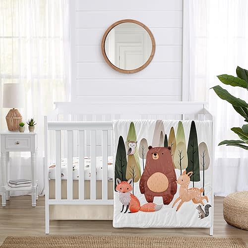 Sweet Jojo Designs 3-Piece Baby Crib Bedding Set (Woodland Animals) for Boys or Girls, Infants/Nursery incl. Blanket, Fitted Sheet and Crib Skirt (Neutral Theme, Woods, Forest Animal, Bear, Deer Fox)