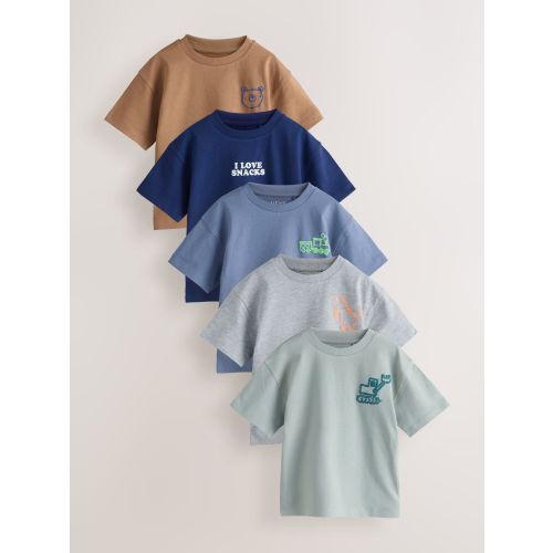 Blue/Charcoal/Green/Brown/Grey Small Short Sleeve Graphic T-Shirts 5 Pack (3mths-7yrs)