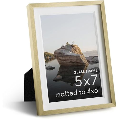 HAUS AND HUES 5x7 Picture Frame with Real Glass & Gold Premium-Grade Metal Matted to 4x6 - Aluminum 5x7 Picture Frame - Includes Easel Back, Hanging Kit - Ideal for Home, Office (5x7 in, Gold)